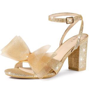 Glitter Heel Mesh Bow Chunky High Heel Sandal Gold